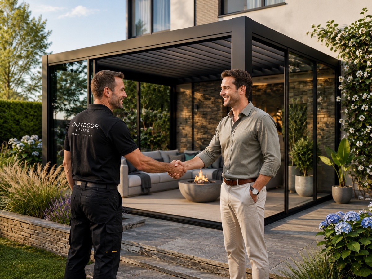 Installateur serrant la main d'un client devant une pergola bioclimatique en aluminium